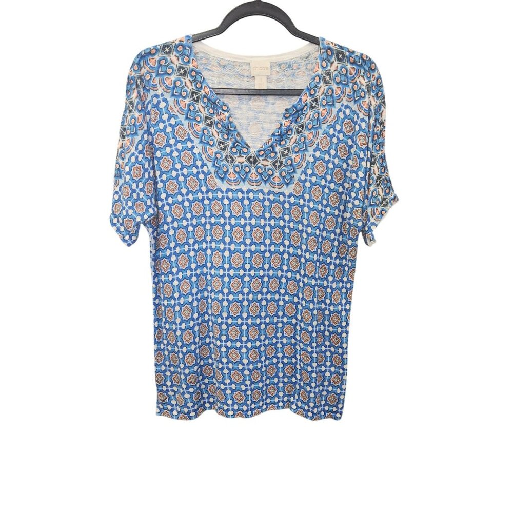 Chicos Womens 1 Blue Patterned Short Sleeve Pullover V-Neck Top 2439